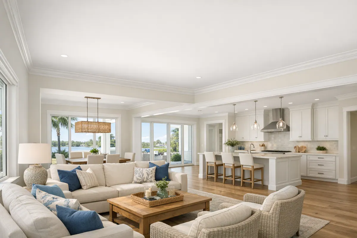 Florida great room with intentional crown moulding