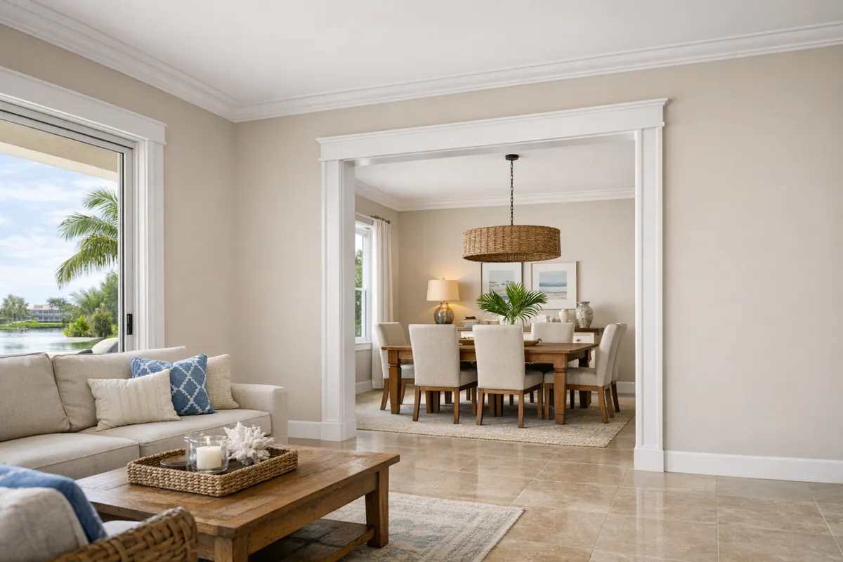 Cohesive mixed trim in open-plan home
