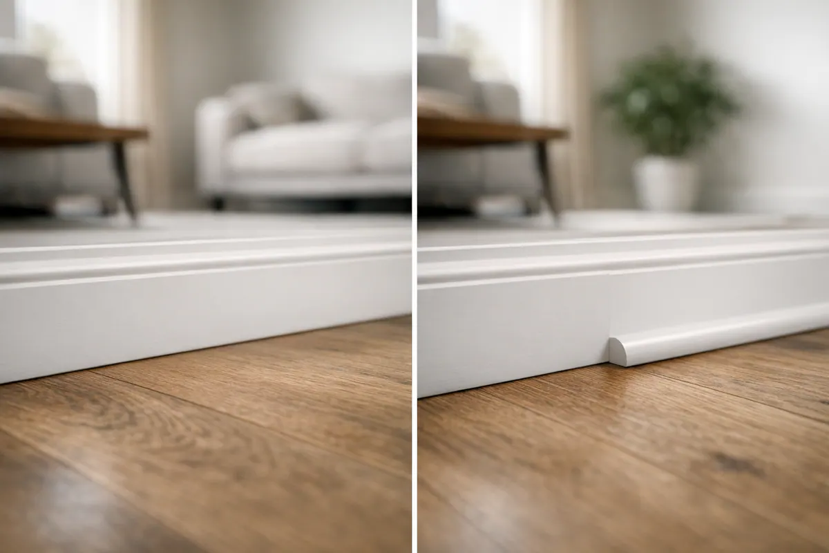 Shoe moulding and quarter round comparison at baseboard