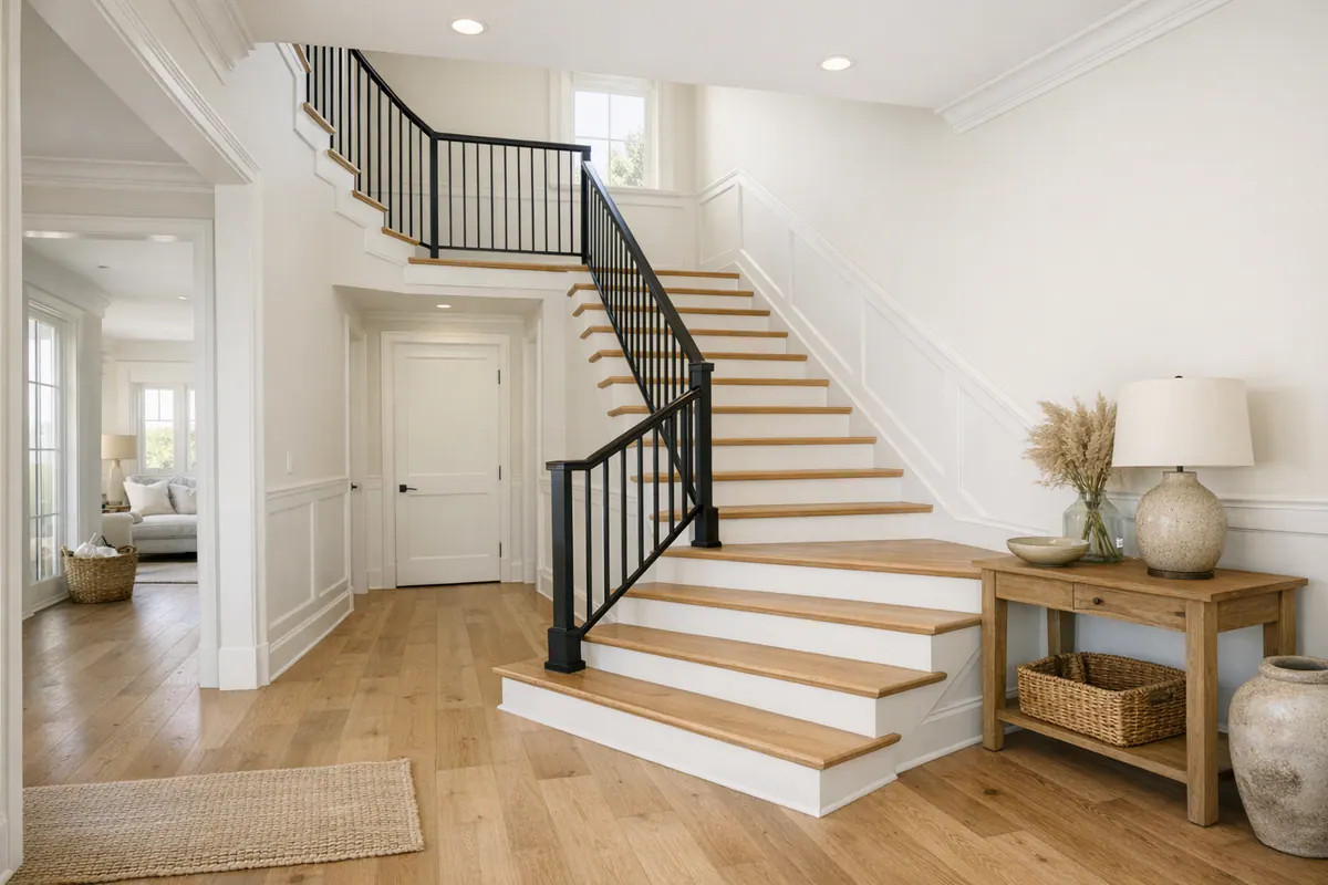 Finished Coastal Staircase With Coordinated Trim